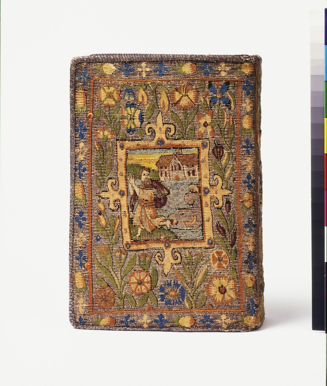 Book cover, tapestry woven silk and silver, Warwickshire, 1615 — museum object T.45-1954