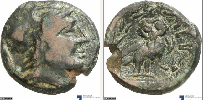 Myrina, bronze coin — Owl standing right (CN type 19875)