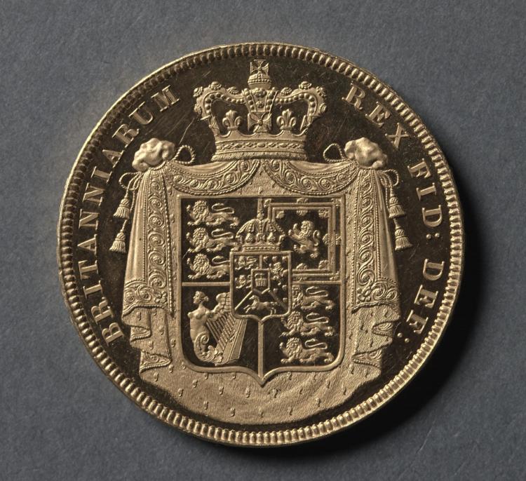 Five Pound Piece: Crowned and Heavily Mantled Shield of Arms (reverse), 1826 (Cleveland Museum of Art 1969.215.b)