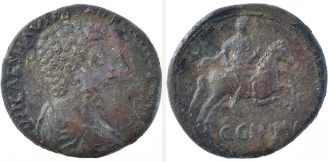 Parion, Marc Aurel, bronze coin — Emperor in military attire riding right on horseback (CN type 17472)