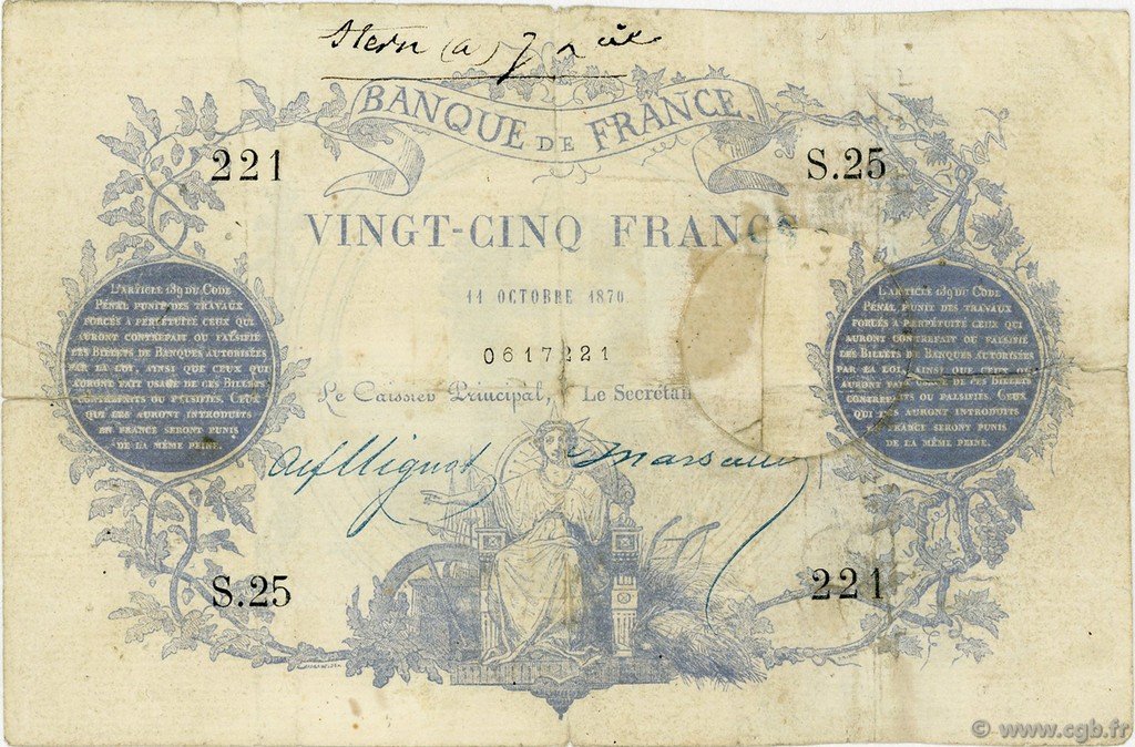 Obverse of 25 Francs (1870–1873), Pick 56