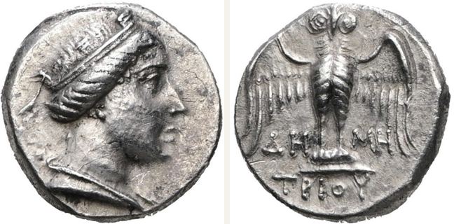 Amisos, hemidrachm — Owl facing with spread wings standing on shield (CN type 23061)