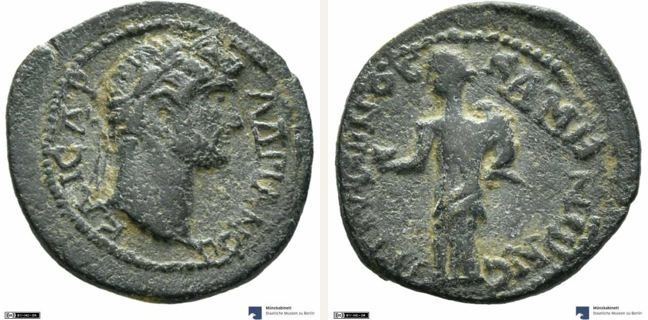 Kame, Hadrian, bronze coin — Hygieia standing facing (CN type 3473)
