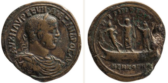 Perinthos, Severus Alexander, Medallion — Emperor with Isis and Serapis on galley to left (CN type 3136)