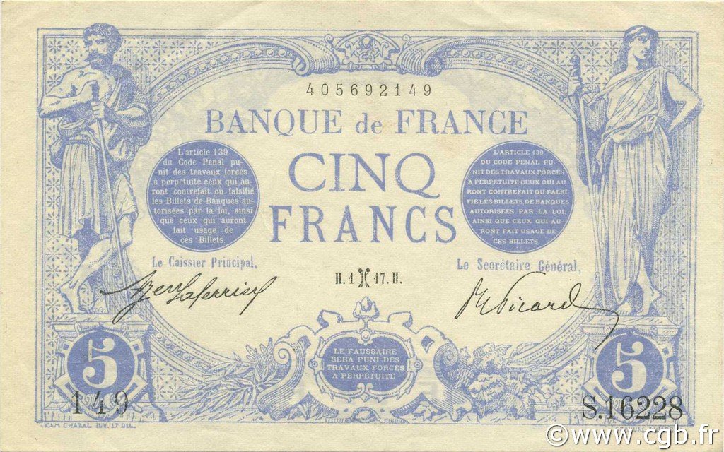 Obverse of 5 Francs (1912–1917), Pick 70