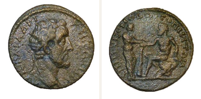 Topeiros, Antoninus Pius, 3 unit — Heracles seated with club left on rock covered with lion skin (CN type 22468)
