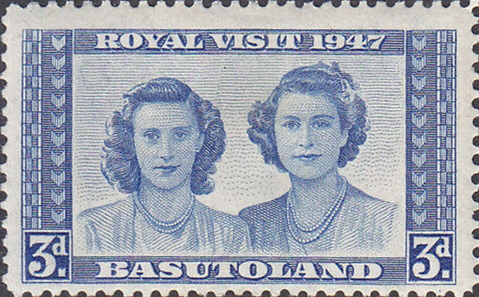 Photograph of a stamp from this issue (Wikimedia Commons file “Basutoland 1947 3 British Penny Stamp Queen Elizabeth II as Princess and Princess Margaret GB-BA 34.jpg”). The paper, perforation or watermark variety shown cannot be confirmed from the photograph.