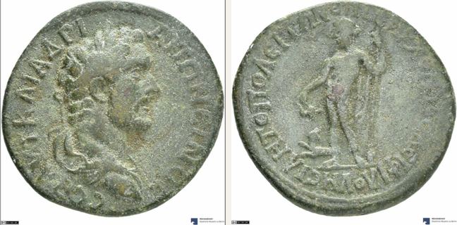 Miletoupolis, Antoninus Pius, bronze coin — Youthful Dionysus standing facing (CN type 17593)