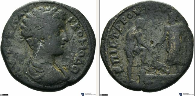 Attaea, Commodus, bronze coin — Male figure and Zeus on basis with piers (CN type 19592)