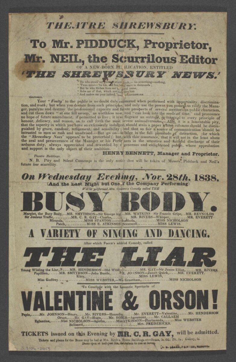 Playbill, Shrewsbury, 1838
