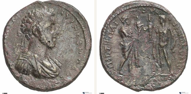 Pergamon, Commodus, bronze coin — Heros Pergamos and Androklos (CN type 17794)