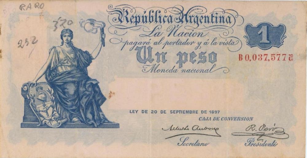 Auction photograph of an example of Pick 232 (Foreign Banknotes - ARGENTINA 1 Peso 1897 pick#232 numeri a matita...)