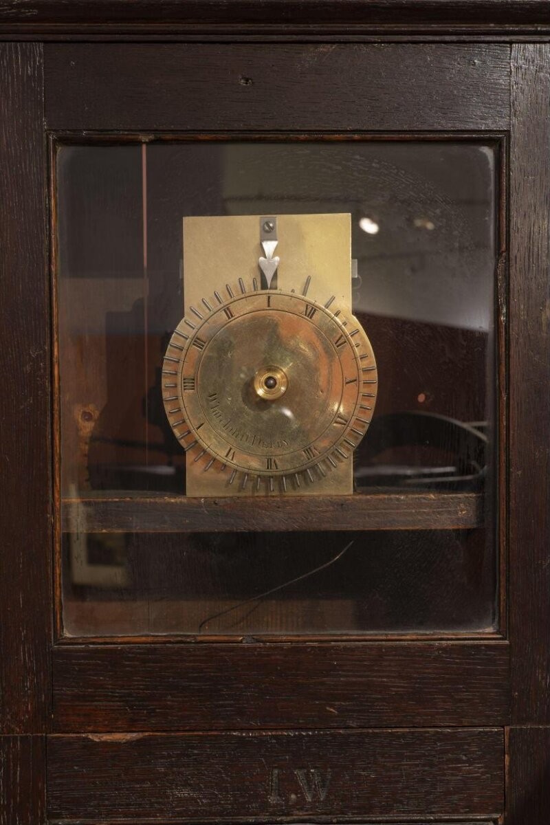 Night Watchman's Clock or Noctuary, John Whitehurst of Derby, 1806; Engraved wood with clock mechancism and a brass dial.