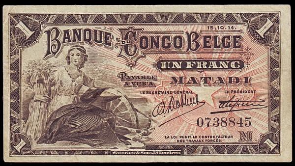 Auction photograph of an example of Pick 3 (Belgian Congo 1 Franc 1914 Matadi issue Pick 3 VF)