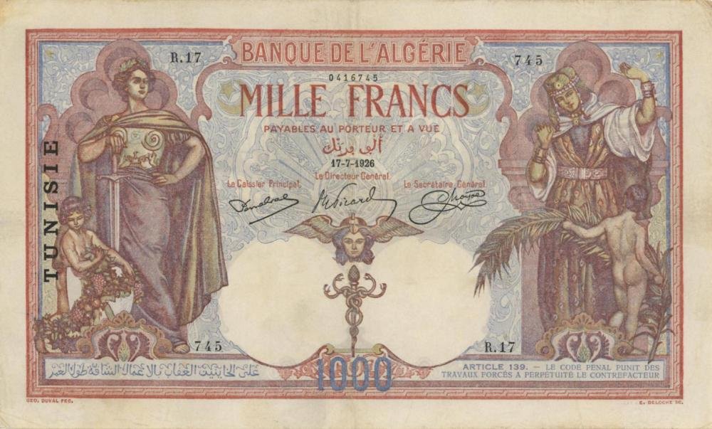 Auction photograph of an example of Pick 11 (Foreign Banknotes - TUNISIA 1000 Francs 11-07-1926 - Pick #11 a...)