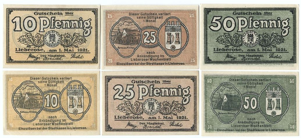 Notgeld der Stadt Lieberose: Gutscheine über 10, 25 und 50 Pfennig, Lieberose, 1 May 1921.