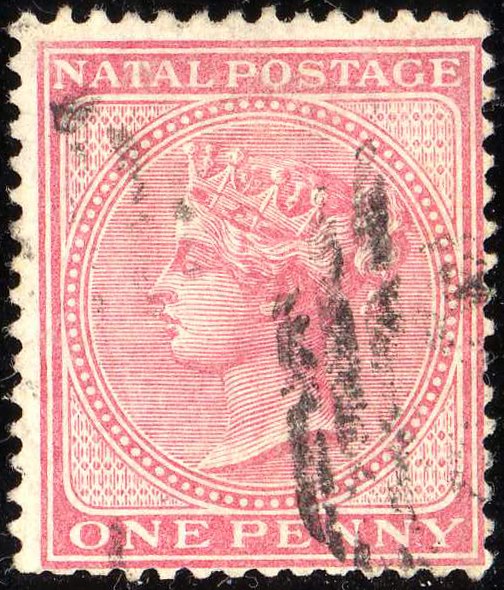 Photograph of a stamp from this issue (Wikimedia Commons file “1874ca 1d Natal used Yv29 Mi28 SG66.jpg”). The paper, perforation or watermark variety shown cannot be confirmed from the photograph.