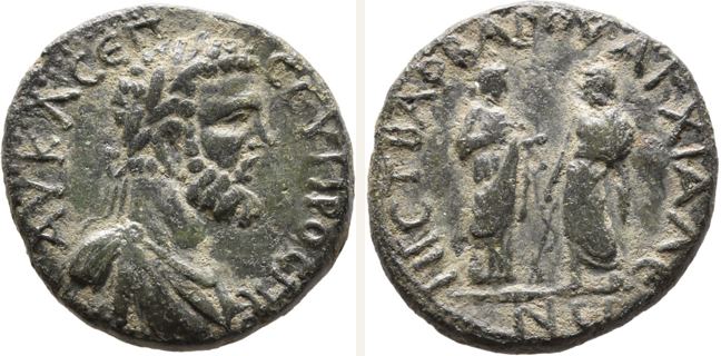 Anchialos, Septimius Severus, 5 unit — Hygieia and Asclepius (CN type 22163)