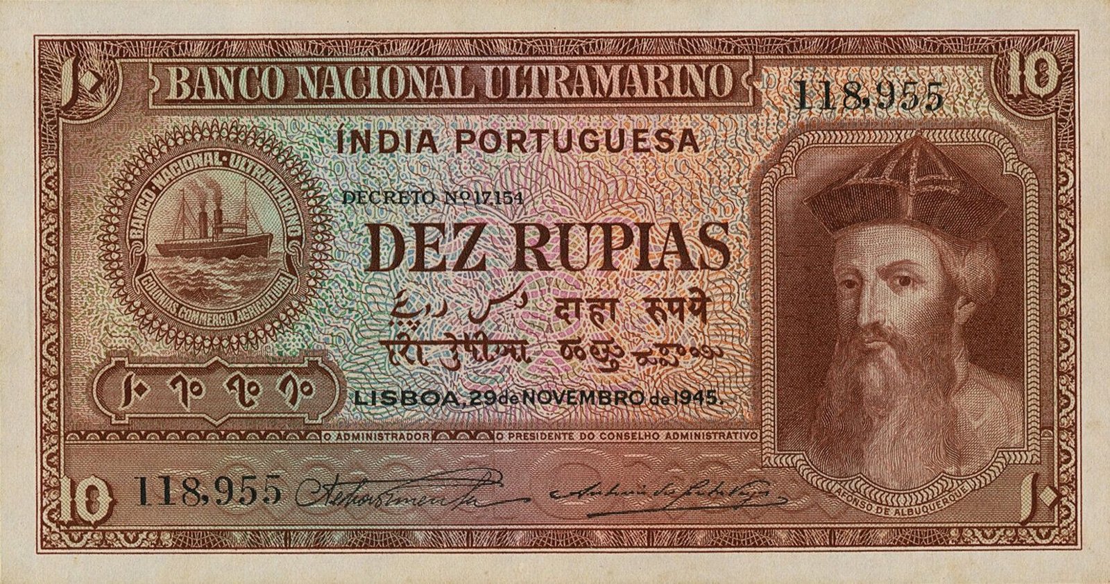 Obverse of 10 Rupias (1945), Pick 36