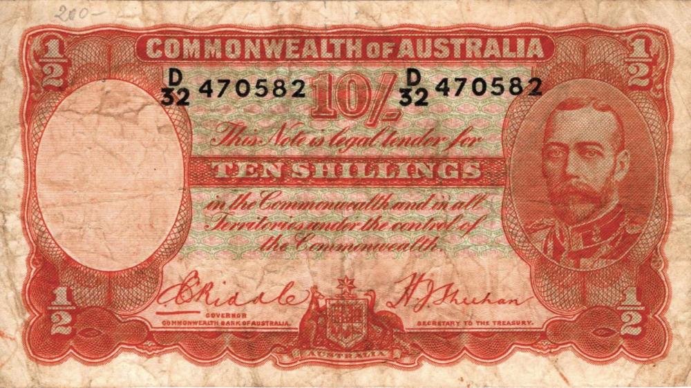 Auction photograph of an example of Pick 21 (Foreign Banknotes - AUSTRALIA 10 Shillings 1936/39 - Pick #21 - Forellini e...)