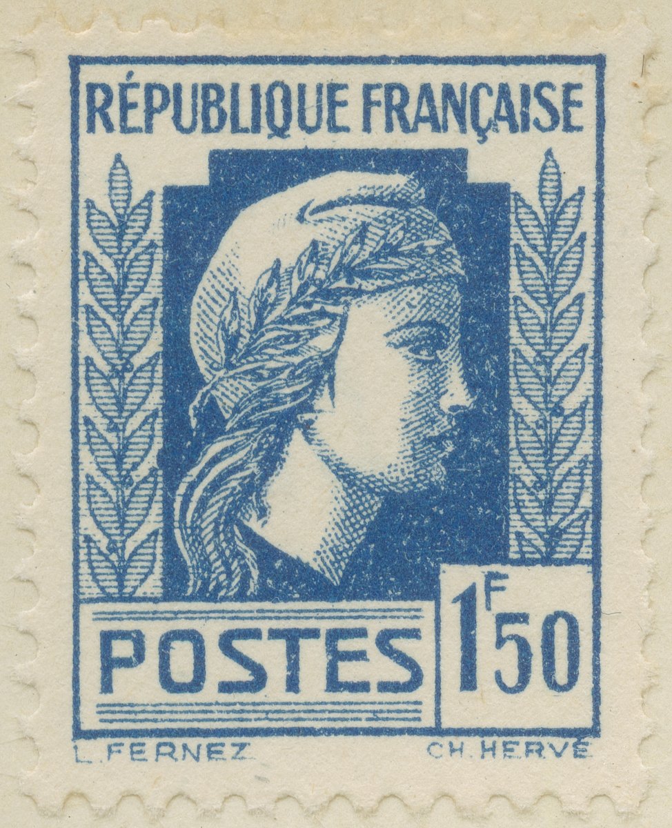 Photograph of one 1944 French Marianne stamp from a museum collection. Illustrative specimen only; other Marianne types and varieties remain Research Required.