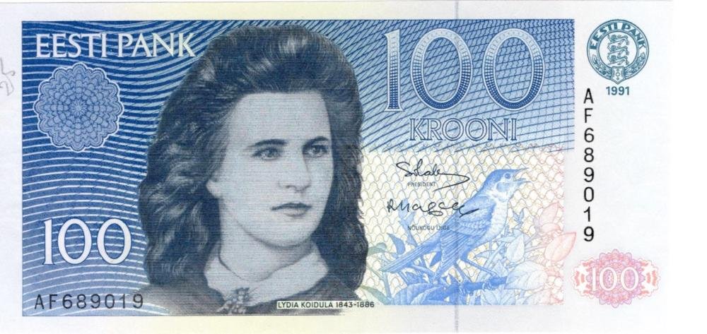 Auction photograph of an example of Pick 74 (Foreign Banknotes - ESTONIA 100 Krooni 1991 pick #74a - Scritta a matita...)