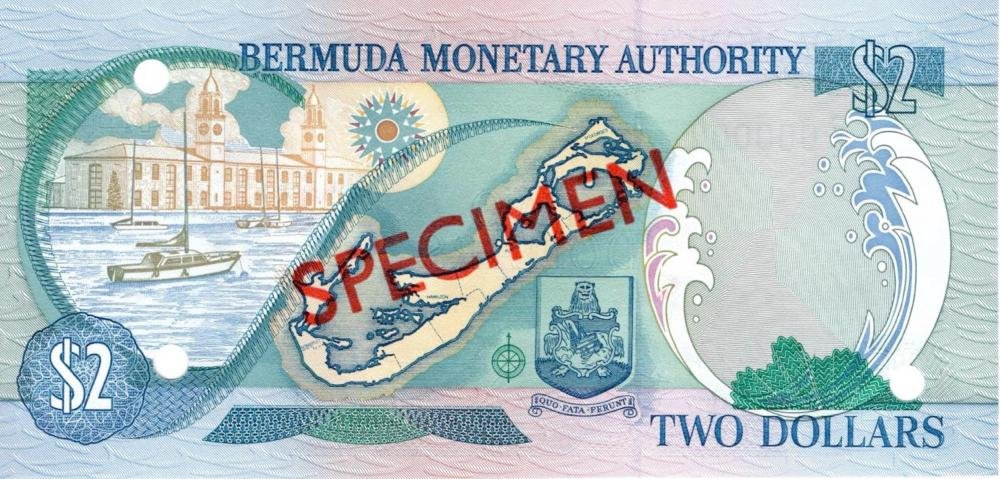 Auction photograph of an example of Pick 50 (Foreign Banknotes - BERMUDA 2$ del 2000 pick #50s Specimen - numero a matit...)