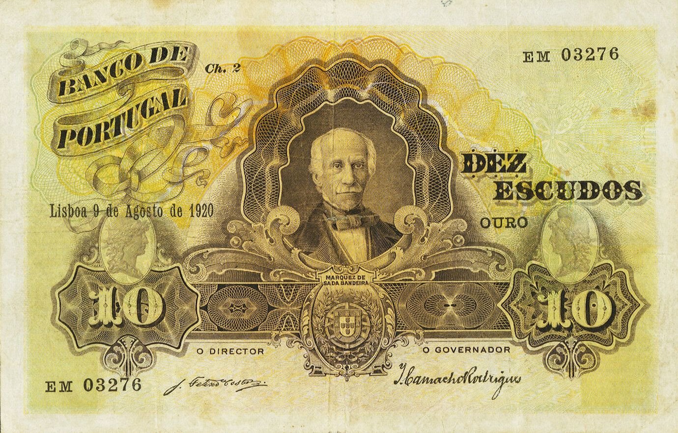 Obverse of 10 Escudos (1920–1928), Pick 121