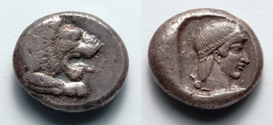 Drachm: Forepart of Lion (obverse); Head of Aphrodite (reverse), 465–449 BCE (Cleveland Museum of Art 1929.914)