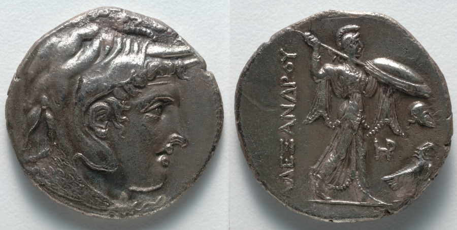 Tetradrachm: Head of Alexander III [The Great] (obverse); Athena (reverse), 306 BCE (Cleveland Museum of Art 1916.994)