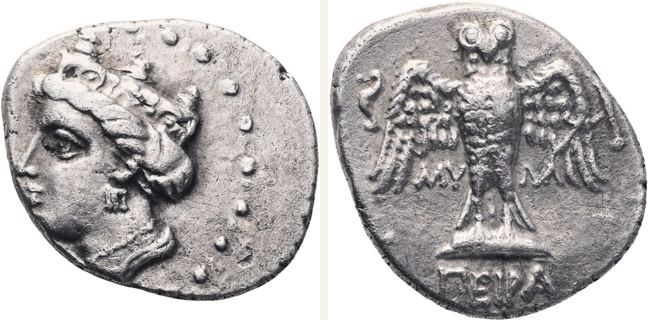 Amisos, Siglos — Owl facing with spread wings standing on shield (CN type 23060)