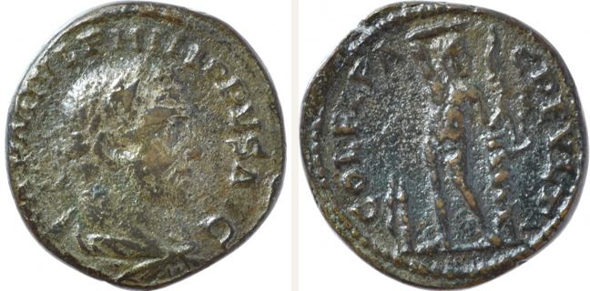Deultum, Philippus Arabs, bronze coin — Nude Apollo standing facing (CN type 15171)