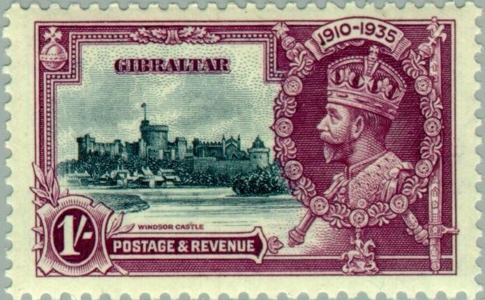 Photograph of a stamp from this issue (Wikimedia Commons file “Stamp of Gibraltar - 1935 - Colnect 118 - 1 - King George V-Silver Jubilee.jpeg”). The paper, perforation or watermark variety shown cannot be confirmed from the photograph.
