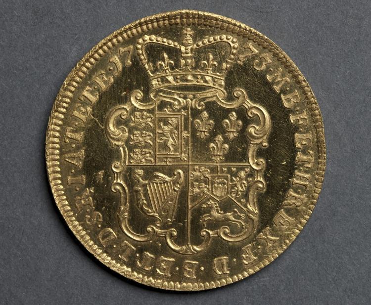Two Guinea Piece: Ornate Crowned Shield of Arms (reverse), 1773 (Cleveland Museum of Art 1969.210.b)
