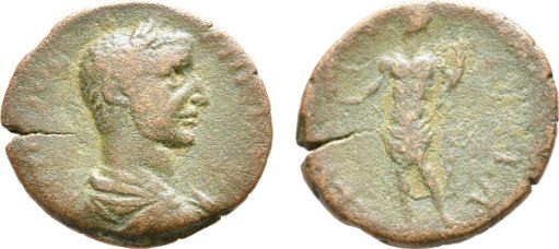 Koila, Philippus Arabs, bronze coin — Genius standing left (CN type 11780)