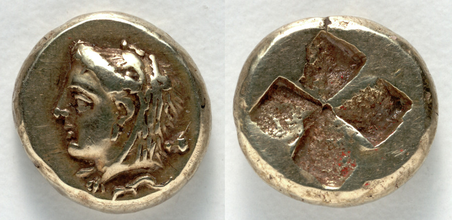 Hecte: Head of Omphale (obverse); Incuse Square (reverse), 387–326 BCE (Cleveland Museum of Art 1916.973)