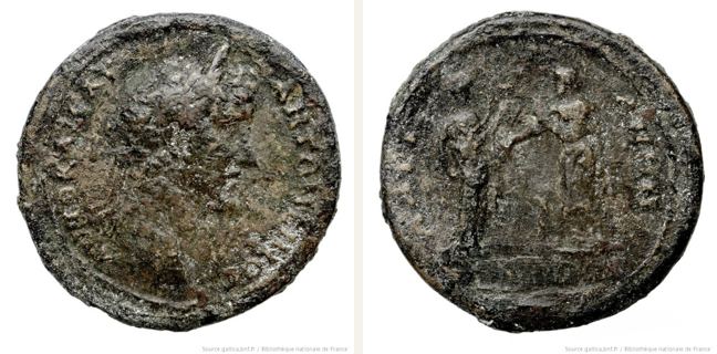 Hadrianoi, Antoninus Pius, bronze coin — Hygieia and Asclepius standing facing each other (CN type 19812)