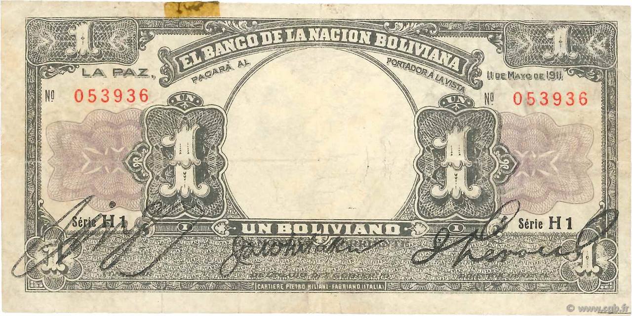 Obverse of 1 Boliviano (1911), Pick 104