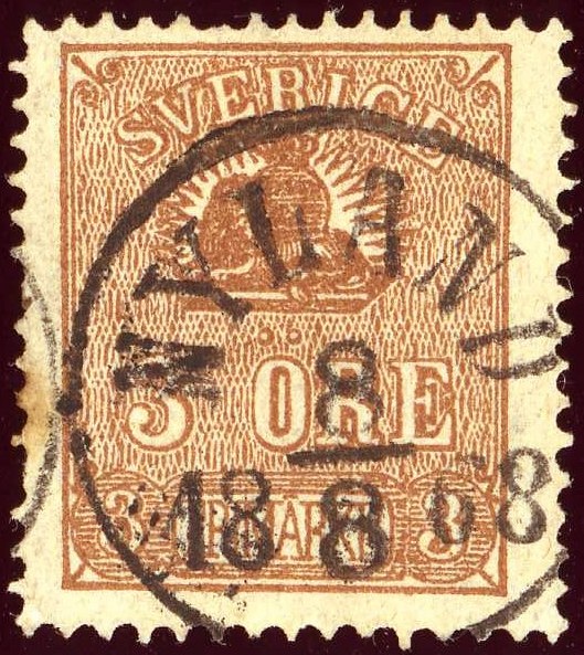 Photograph of a stamp from this issue (Wikimedia Commons file “1868 3öre Sweden Nyland Mi14.jpg”). The paper, perforation or watermark variety shown cannot be confirmed from the photograph.