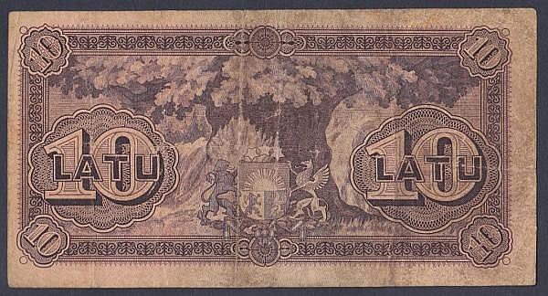 Auction photograph of an example of Pick 24 (Latvia 10 latu dated 1925 series L383369, Pick24c, surface dirt, Fine, scar)