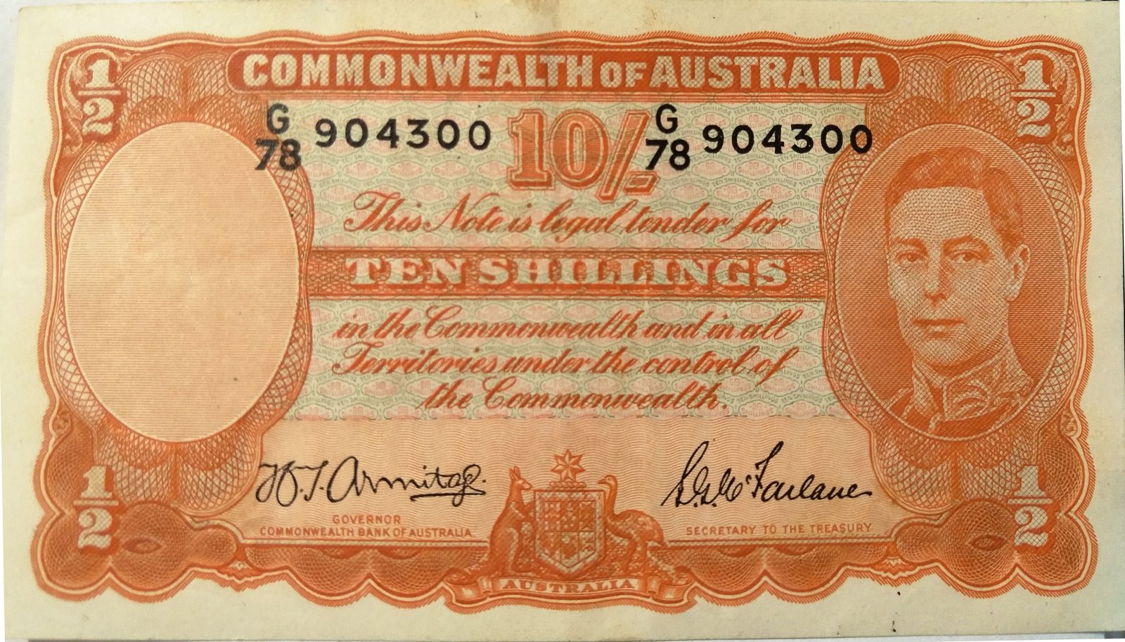 Obverse of 10 Shillings (1939–1952), Pick 25