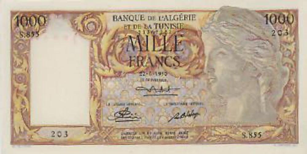 Auction photograph of an example of Pick 107 (Foreign Banknotes - ALGERIA 1000 Francs 22-06-1950 - Pick #107 a - Lieve pi...)