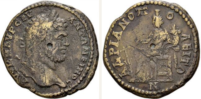 Hadrianopolis, Caracalla, bronze coin — Turreted Tyche enthroned left (CN type 23126)