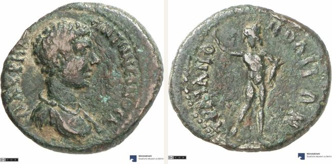 Traianopolis, Caracalla, One and one half — Nude Zeus standing left (CN type 2682)