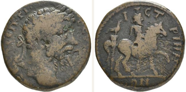 Istros, Septimius Severus, bronze coin — Bearded god with kalathos (or Theos Megas (CN type 23187)