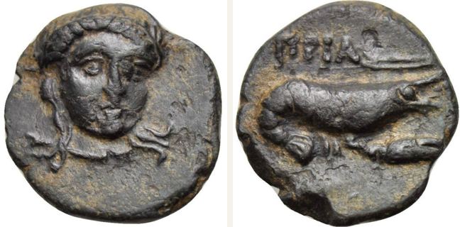 Priapos, bronze coin — Lobster (CN type 19716)