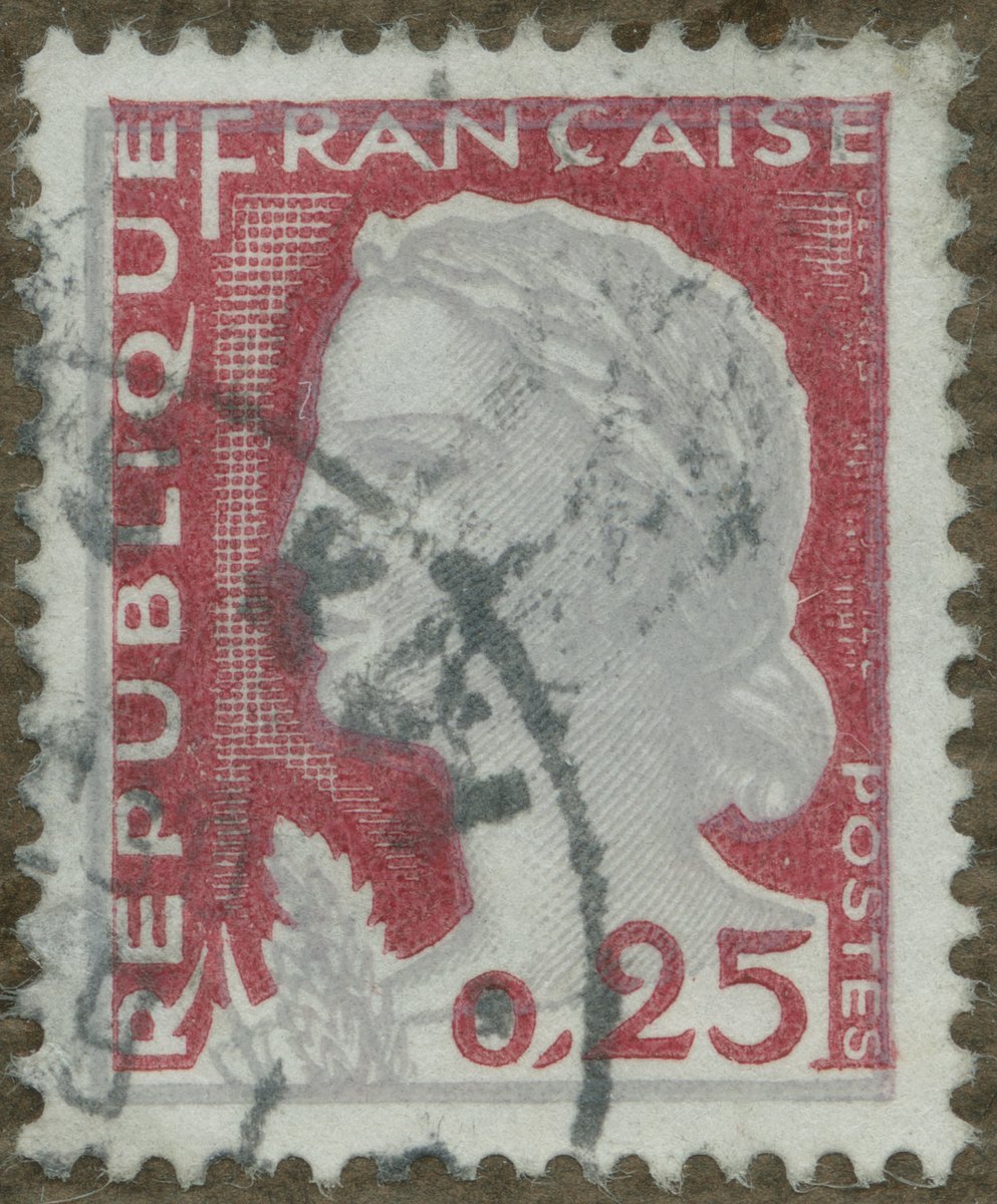 Photograph of one 1961 Marianne de Decaris stamp from a museum collection. Illustrative specimen only; other Marianne types and varieties remain Research Required.