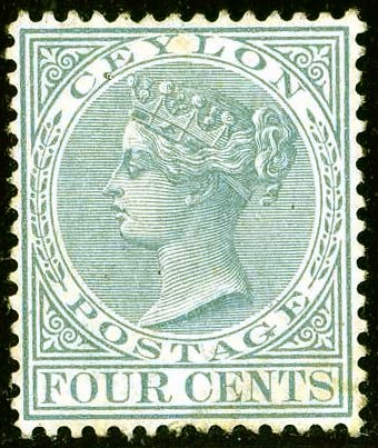 Photograph of a stamp from this issue (Wikimedia Commons file “1872 4c Ceylon Yv49 SG122.jpg”). The paper, perforation or watermark variety shown cannot be confirmed from the photograph.