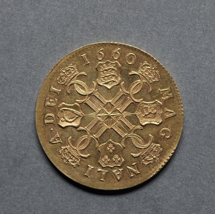 Broad: Shields of England, Scotland, France and Ireland with Crowned Interlocked Cs (reverse), 1660 (Cleveland Museum of Art 1969.198.b)
