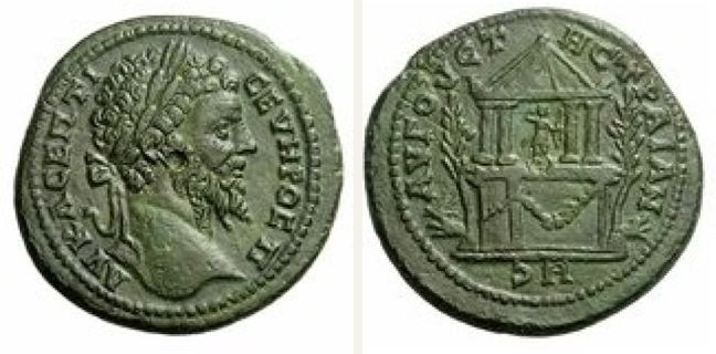 Augusta Traiana, Septimius Severus, 5 unit — Tetrastyle round temple on high podium (CN type 1784)